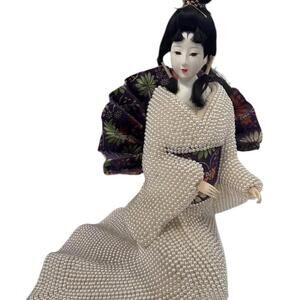 Handmade Vintage Asian Geisha Figurine in Pearl-Embellished Kimono